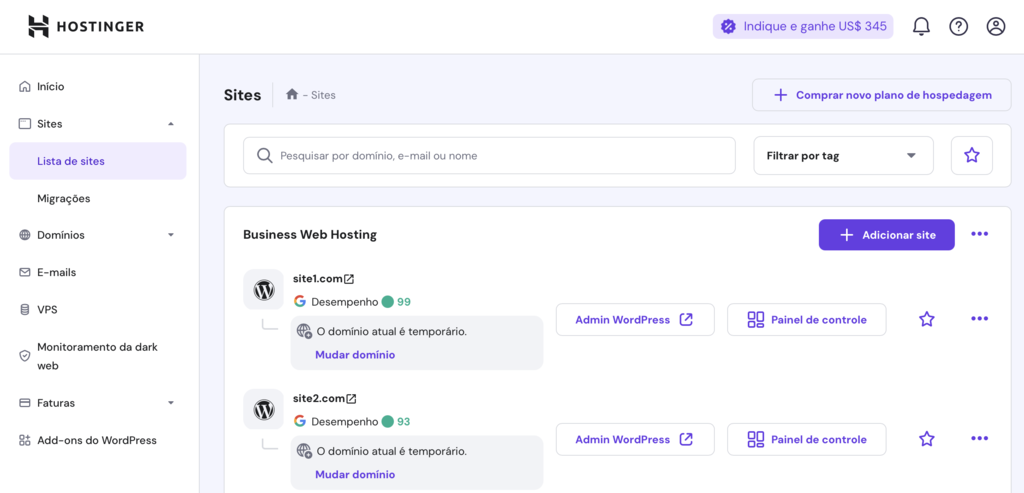 tela com visão de sites no hpanel