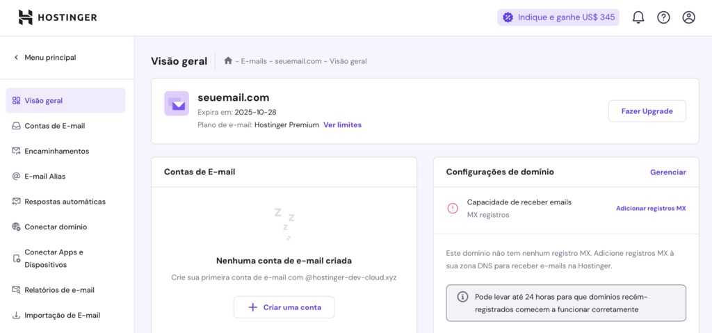 visão geral de conta de email no hpanel