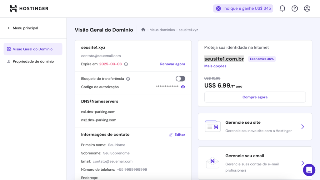 visão geral de domínio no hpanel