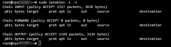 Saída do terminal das regras atuais do iptables