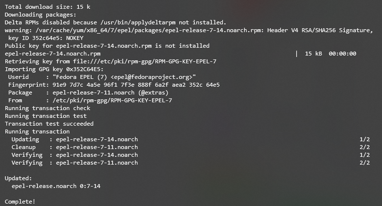 Saída do terminal durante a instalação do EPEL