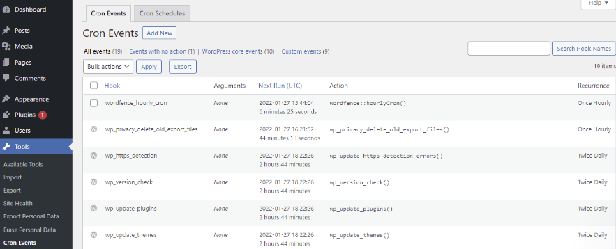 Seção de Cron Events no menu de Ferramentas do WordPress