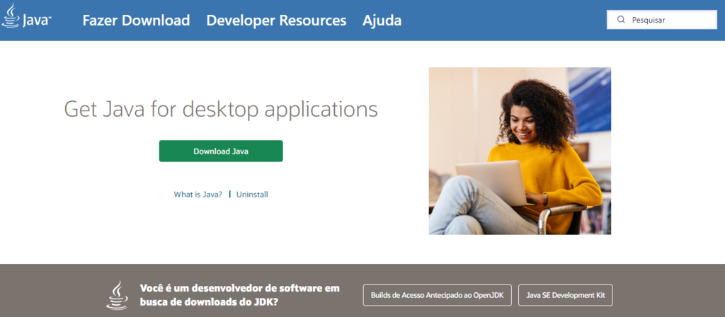 P&aacute;gina inicial do site da linguagem Java