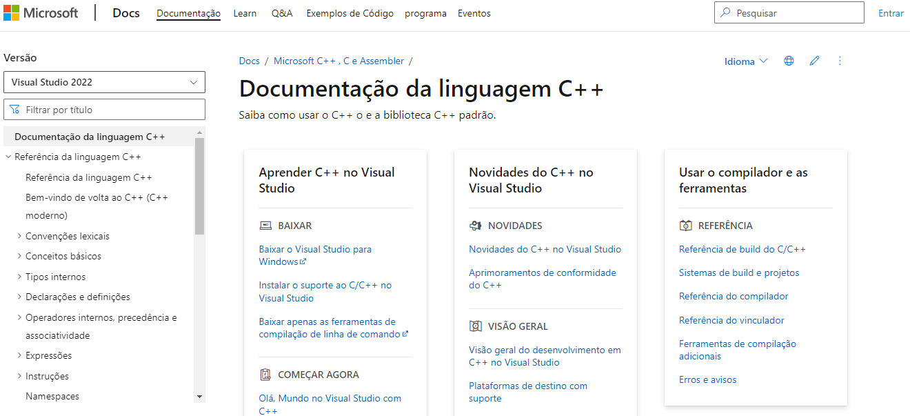 P&aacute;gina de documenta&ccedil;&atilde;o da Microsoft referente &agrave; linguagem de programa&ccedil;&atilde;o C++