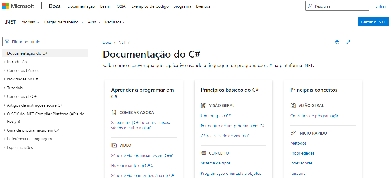P&aacute;gina de documenta&ccedil;&atilde;o da Microsoft referente &agrave; linguagem de programa&ccedil;&atilde;o C#