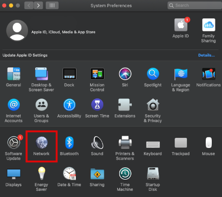 Op&ccedil;&atilde;o de Redes ou Network nas prefer&ecirc;ncias do sistema Mac OS