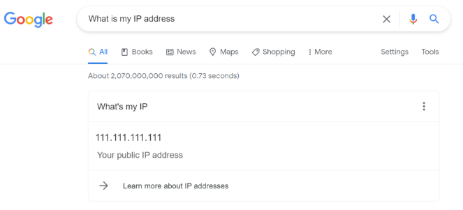 Captura de tela do resultado da pesquisa "what is my IP address" no Google 