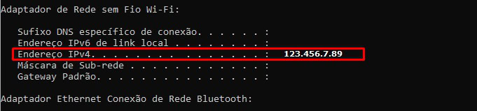 Informa&ccedil;&atilde;o do endere&ccedil;o de IPv4 exibida no prompt de comando do Windows