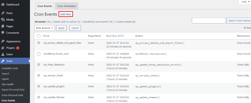 Opção de adicionar novo Cron Event no WordPress