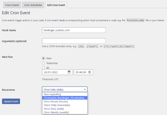 Editando agendamento cron job já existente no WordPress