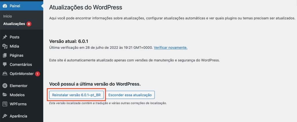 reinstalar wordpress