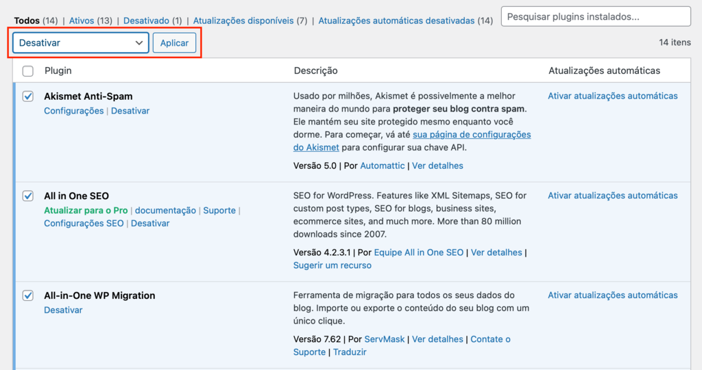 desativar plugins no wordpress