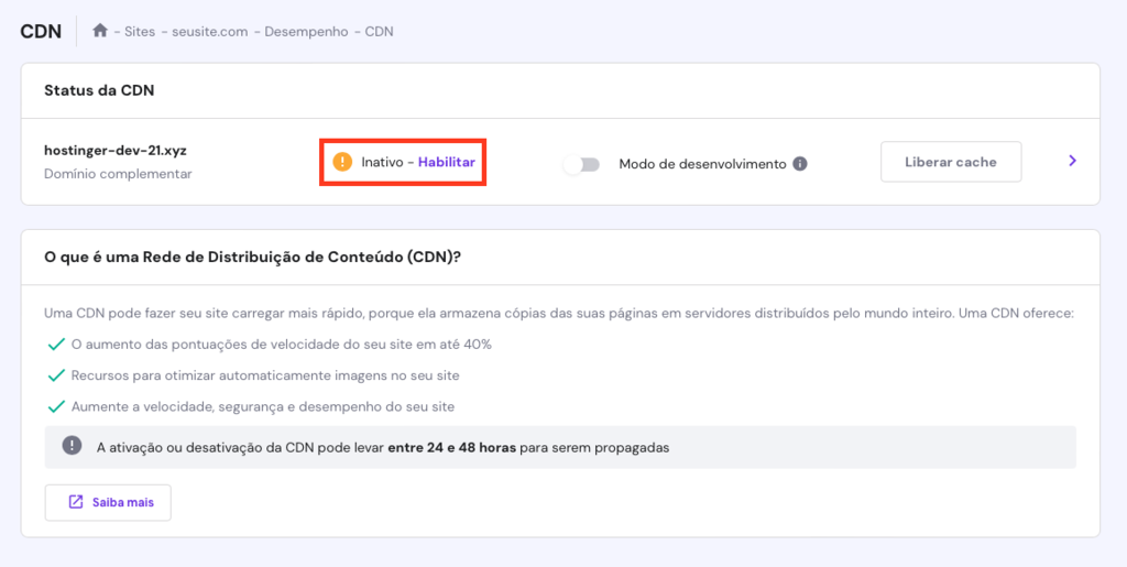 ativando cdn própria da hostinger no hpanel