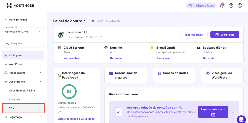 painel de controle de site wordpress no hpanel com op&ccedil;&atilde;o cdn em destaque