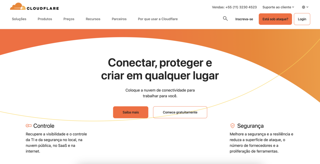 p&aacute;gina inicial da cloudflare na web