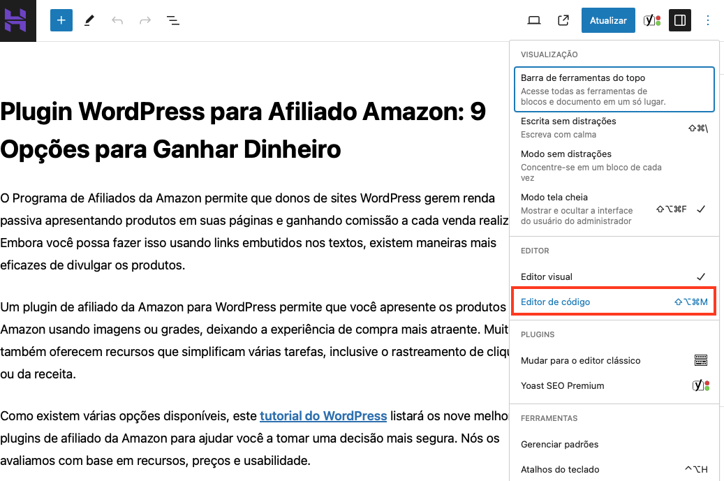 selecionando editor de c&oacute;digo no editor Gutenberg do wordpress