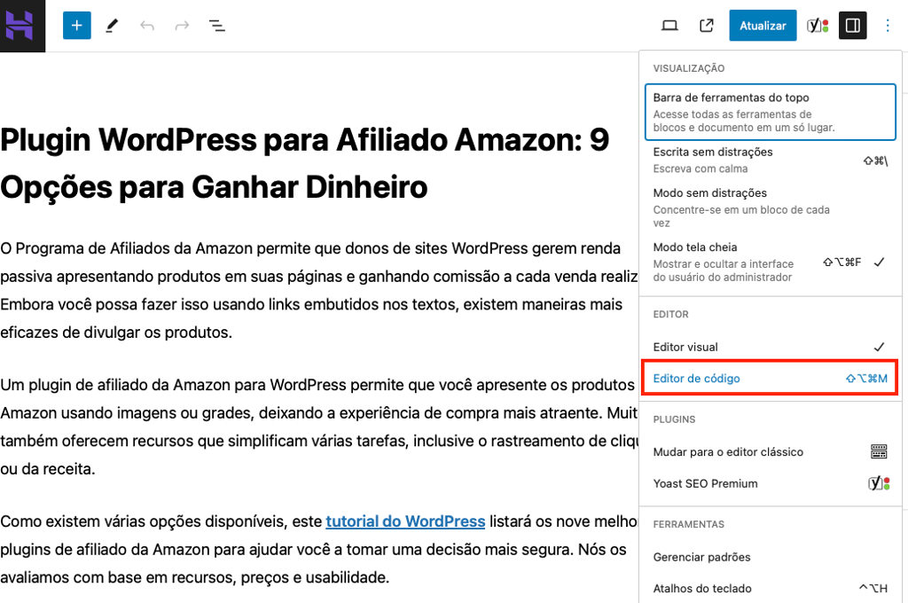 selecionando editor de código no editor Gutenberg do wordpress