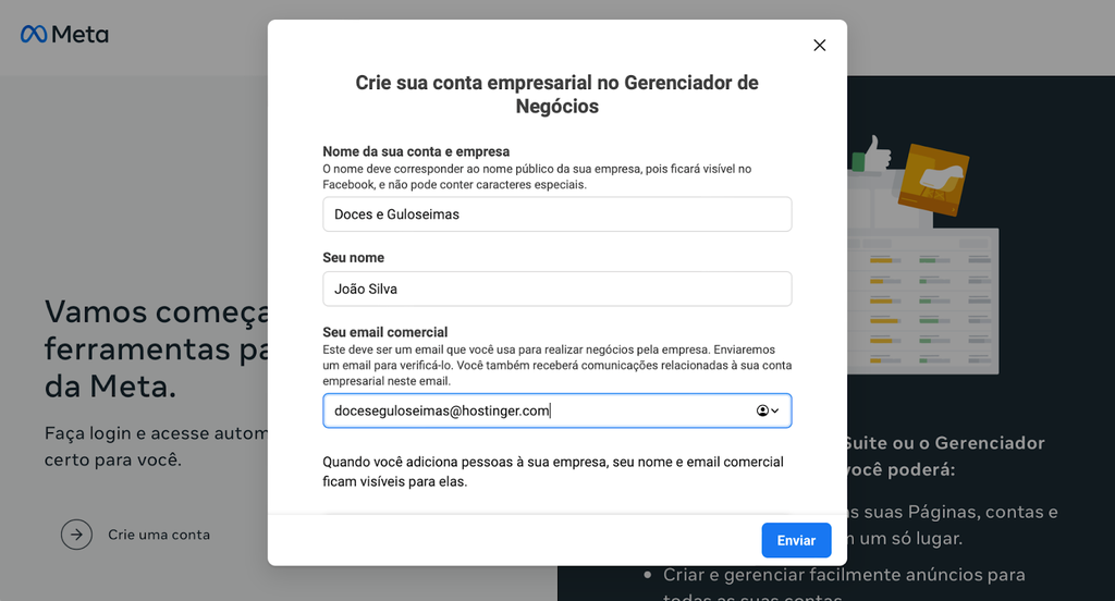 criando conta empresarial no facebook ads