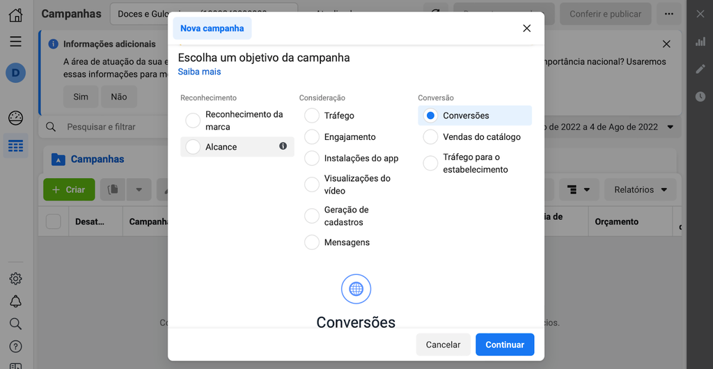 configurando campanha no Facebook Ads