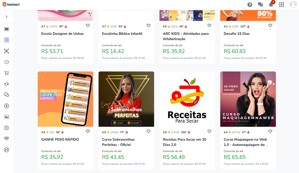 p&aacute;gina de produtos da hotmart