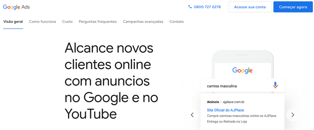 p&aacute;gina inicial do google ads