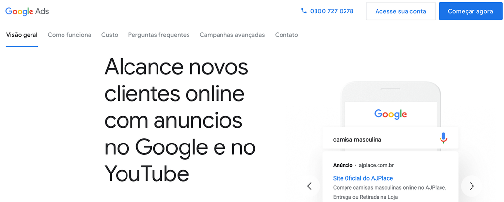 p&aacute;gina inicial do google ads