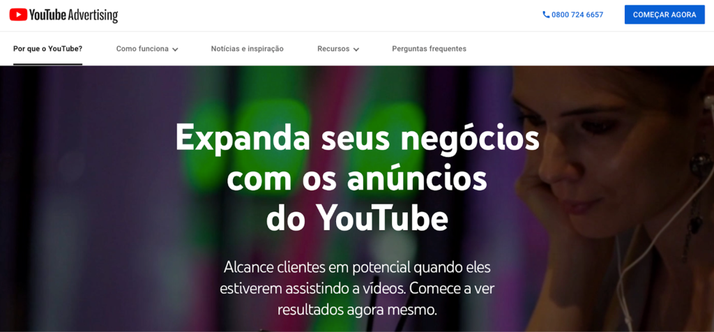 p&aacute;gina inicial do YouTube ads