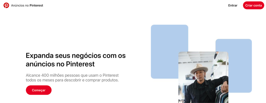 p&aacute;gina inicial do pinterest ads