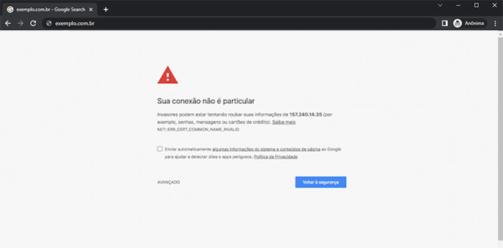 Captura de tela com a mensagem Sua Conexão Não É Particular e o código de erro net-err_cert_common_name_invalid