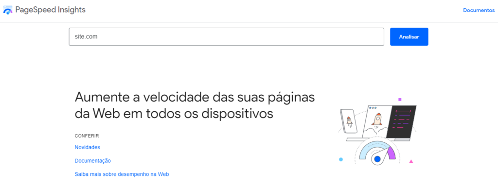 site do pagespeed insights para teste de velocidade de site