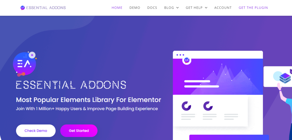 homepage do essential addons para elementor, com op&ccedil;&otilde;es de conferir a demonstra&ccedil;&atilde;o ou conferir os planos