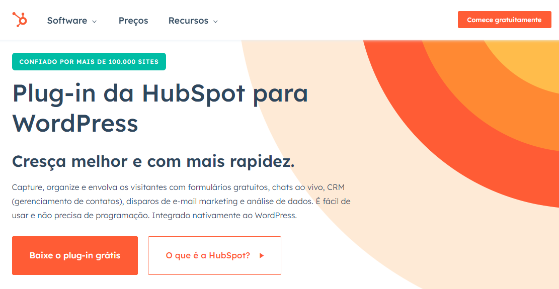p&aacute;gina do plugin da hubspot para wordpress, que oferece op&ccedil;&otilde;es de baixar o plugin gratuitamente ou de descobrir o que &eacute; a hubspot.