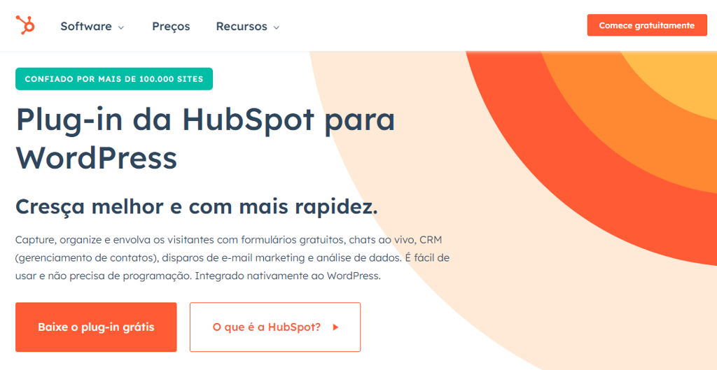 plugin-hubspot-wordpress página do plugin da hubspot para wordpress, que oferece opções de baixar o plugin gratuitamente ou de descobrir o que é a hubspot.