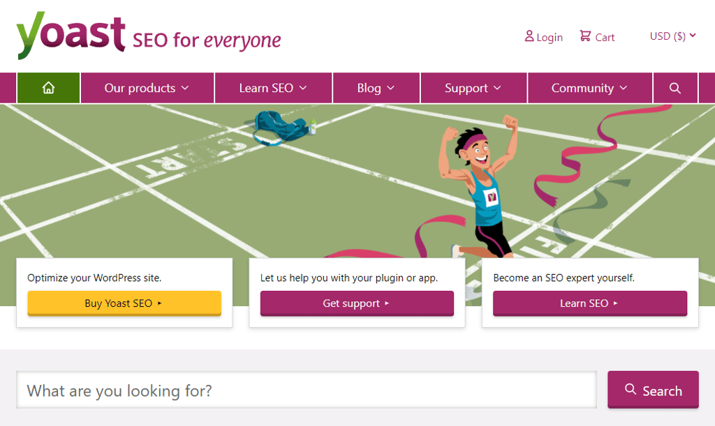 yoast-seo-site-oficial screenshot do site oficial do Yoast SEO, com opçõs para comprar o plugin, obter suporte e aprender sobre seo