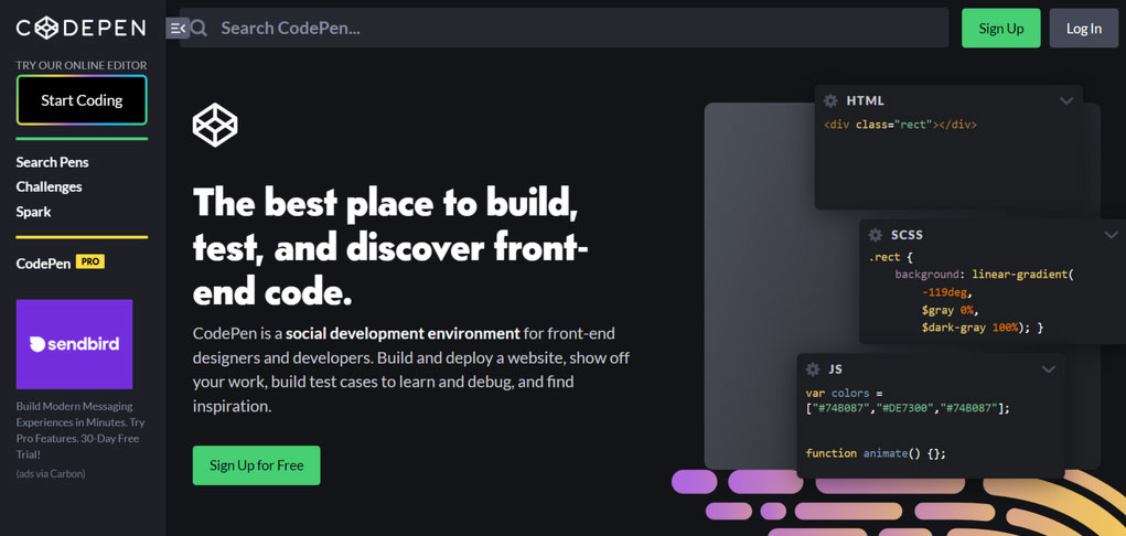 Pagina inicial do CodePen