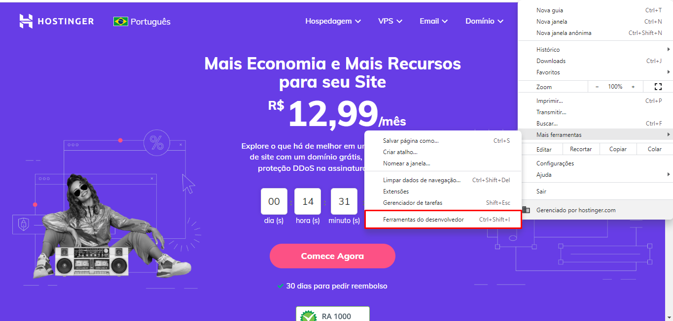 p&aacute;gina da Hostinger com a indica&ccedil;&atilde;o do caminho para verificar o c&oacute;digo de status HTTP de um site