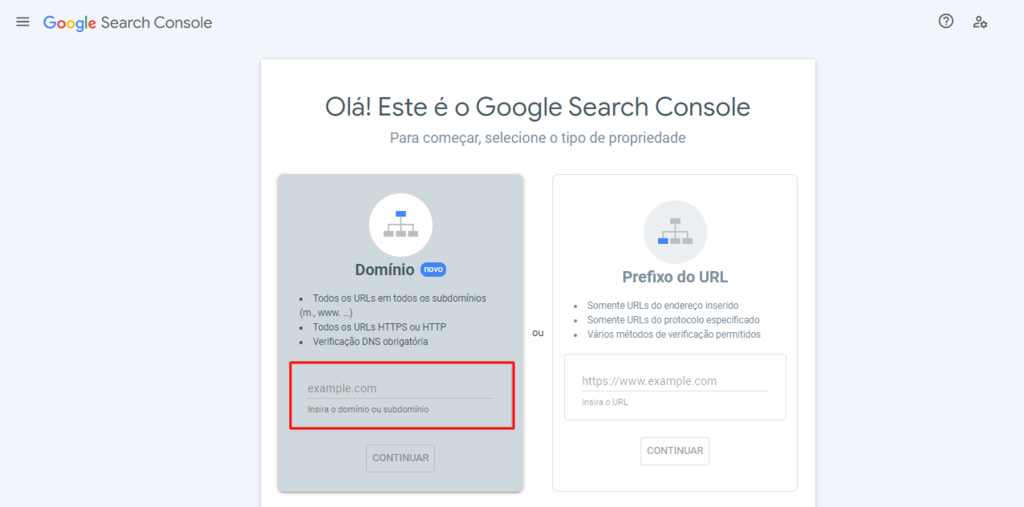 p&aacute;gina inicial do Google Search Console