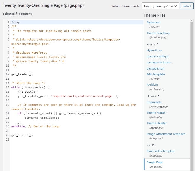 Captura de tela do arquivo page.php  do tema Twenty Twenty-One no WordPress