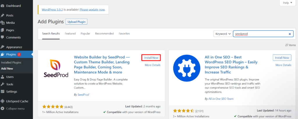 Instalando o plugin SeedProd no WordPress