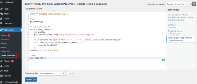 Acessando o arquivo pelo menu do WordPress, na seção do tema