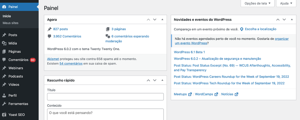 painel de administrador do wordpress