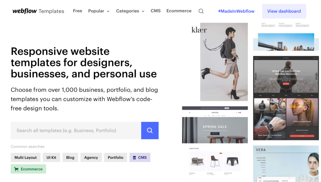 página de templates do webflow