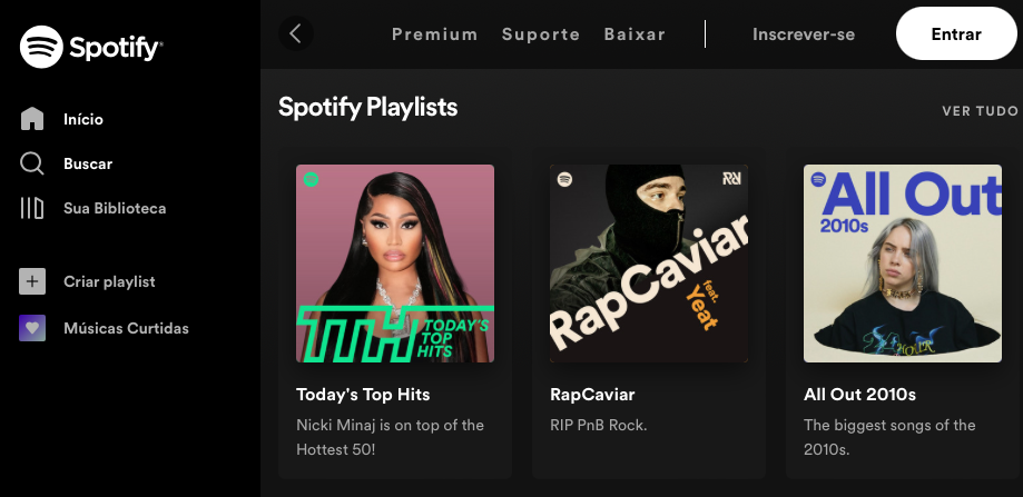 p&aacute;gina inicial do Spotify