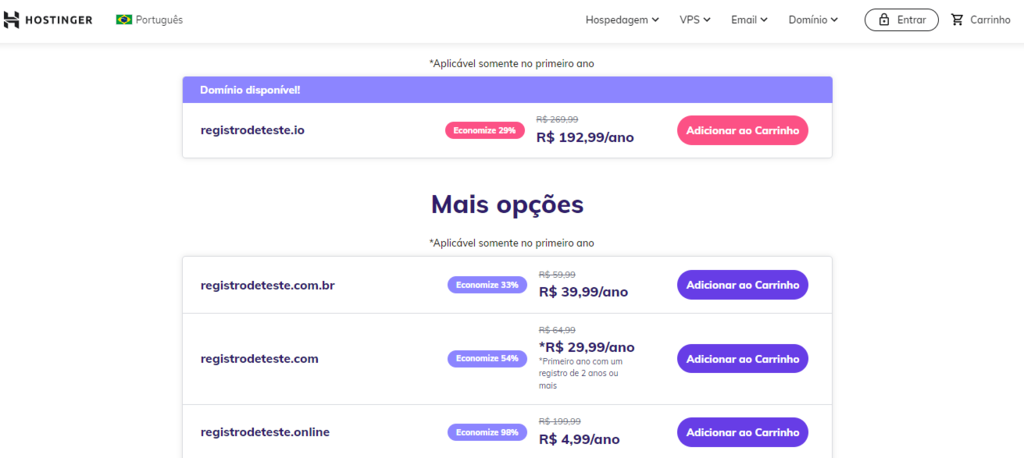 Captura de tela de uma busca por dom&iacute;nio .io no verificador de dom&iacute;nios da Hostinger, com indica&ccedil;&otilde;es alternativas