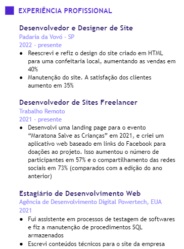 Outro exemplo de seção de experiência em currículo de programador júnior, completo