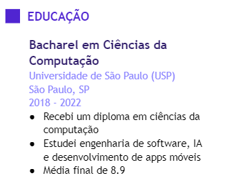 Exemplo de seção de educação em currículo de programador júnior