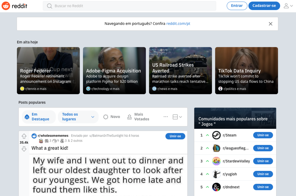 p&aacute;gina inicial do Reddit