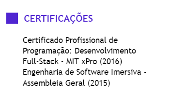 Exemplo de seção de certificações  em currículo de programador 