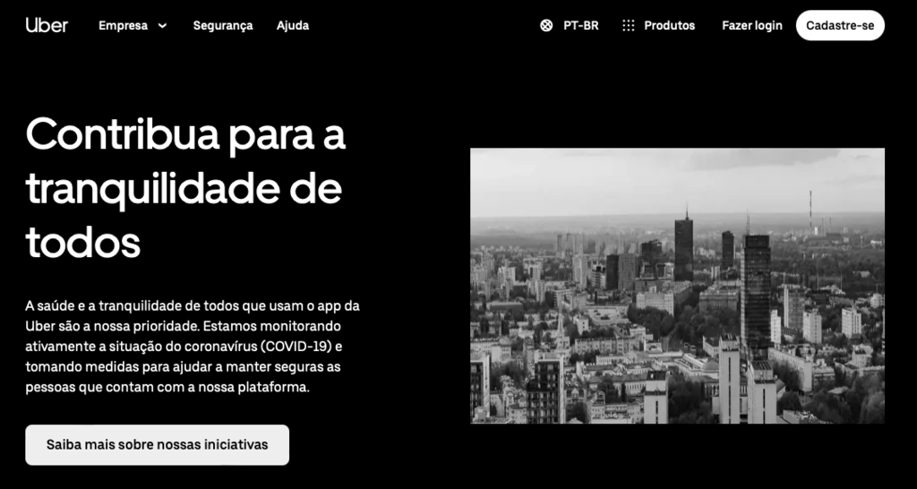 p&aacute;gina inicial da Uber