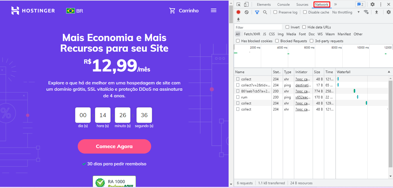 p&aacute;gina da Hostinger com a indica&ccedil;&atilde;o do caminho para verificar o c&oacute;digo de status HTTP de um site